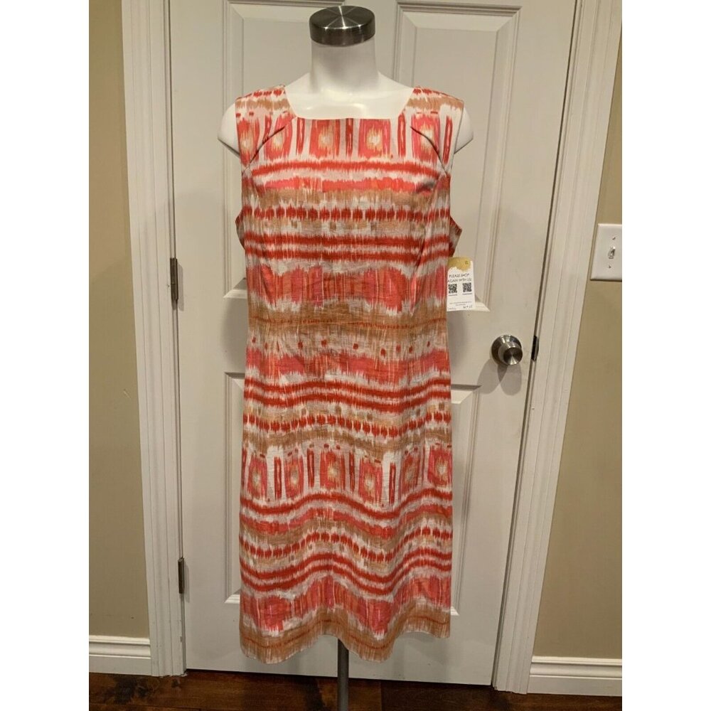 Tahari Arhtur S. Levine Coral, Tan & White Patterned Shift Dress, Size 12